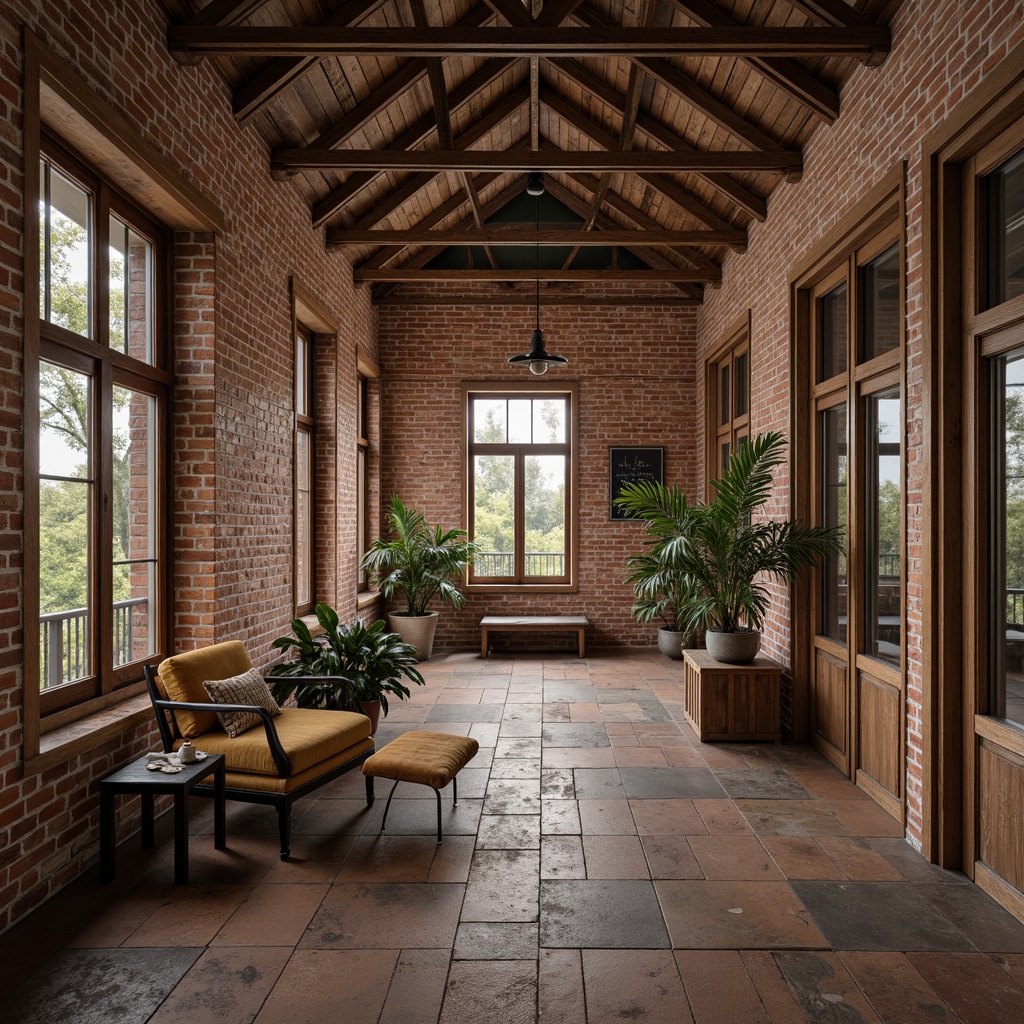 Prompt: Exposed brick walls, distressed wood accents, vintage decorative tiles, industrial metal beams, reclaimed wooden planks, earthy color palette, natural stone textures, rustic metal fixtures, ornate wooden trimmings, soft warm lighting, shallow depth of field, 3/4 composition, panoramic view, realistic textures, ambient occlusion.