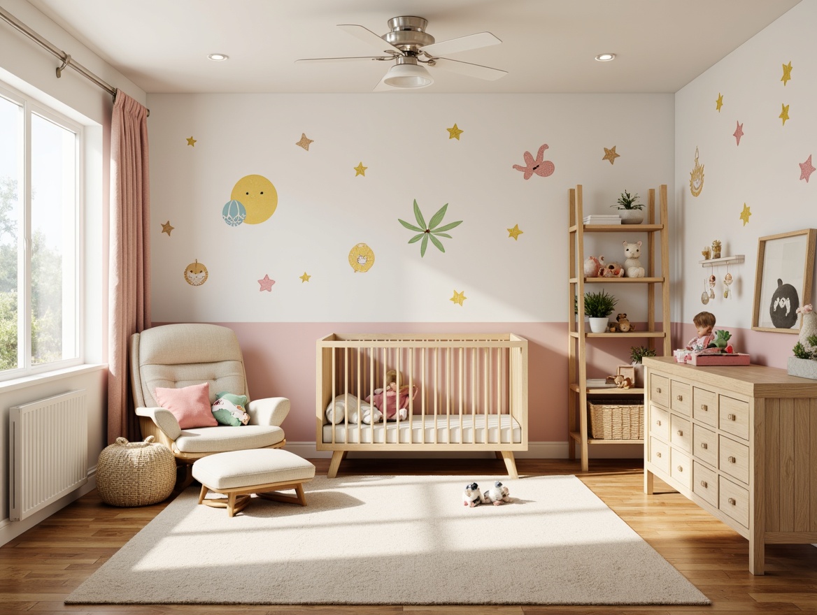 Prompt: Whimsical baby room, pastel color palette, soft cushions, rounded edges, natural wood furniture, plush toys, delicate patterns, gentle lighting, cozy reading nook, comfortable glider, soothing mobiles, playful wall decals, educational toys, storage baskets, convertible cribs, safety gates, nursery rhymes, warm beige carpet, calm atmosphere, shallow depth of field, 1/1 composition, soft focus, vibrant colors.