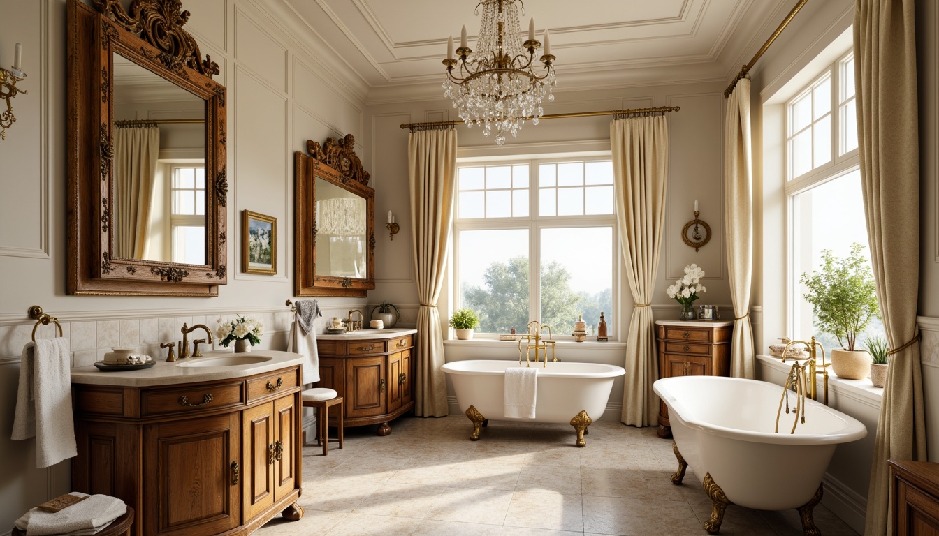 Prompt: Elegant bathroom, ornate mirrors, carved wooden cabinets, crystal chandeliers, marble countertops, golden faucets, Victorian-era inspired fixtures, floral patterns, soft cream colors, subtle lighting, warm beige tones, classic pedestal sinks, decorative molding, intricate tile work, luxurious textiles, plush towels, freestanding tubs, natural stone floors, ornamental accessories, vintage apothecary jars, distressed finishes, rustic wood accents, serene ambiance.