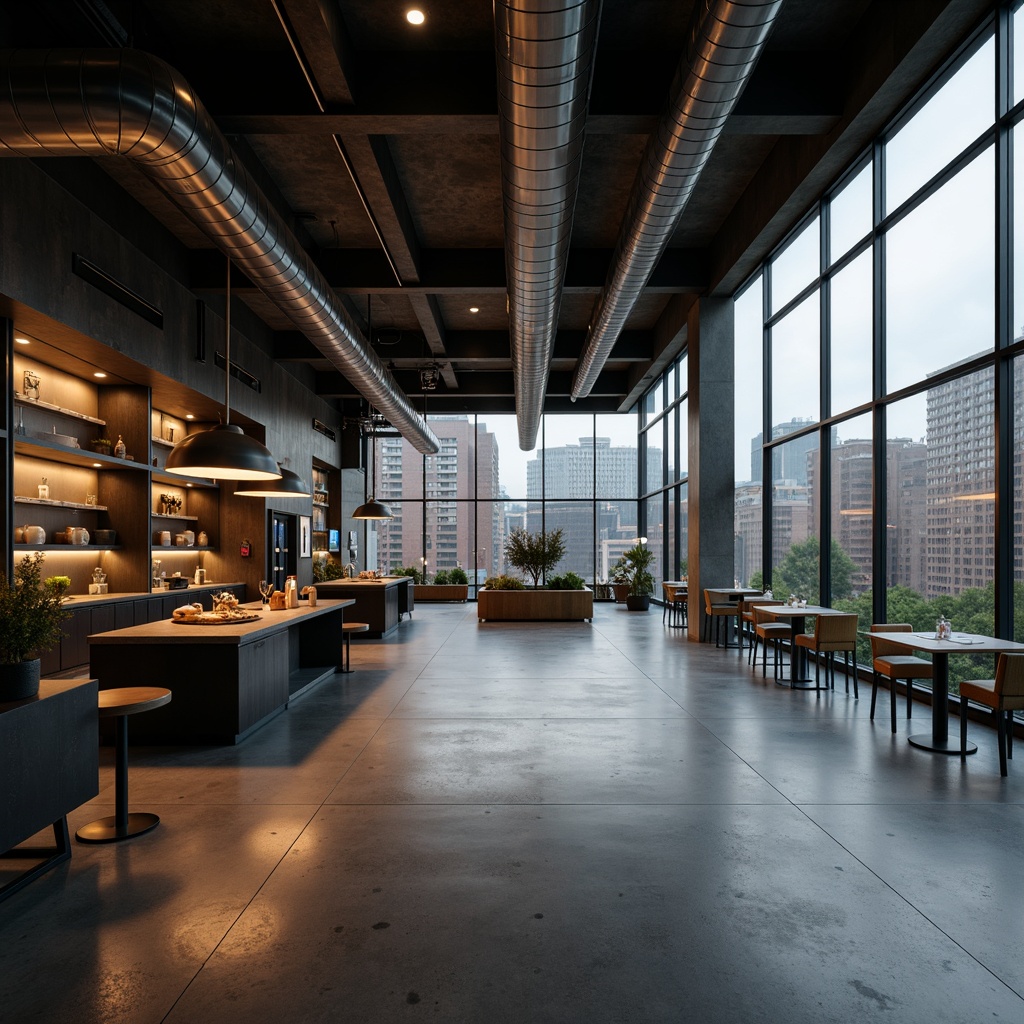 Prompt: Industrial chic Bauhaus building, exposed ductwork, polished concrete floors, minimalist decor, angular lines, rectangular forms, functional lighting, suspended lamps, metal shades, neon signs, urban cityscape, cloudy day, soft diffused light, high contrast ratio, dramatic shadows, 1/2 composition, narrow depth of field, cinematic atmosphere, gritty textures.