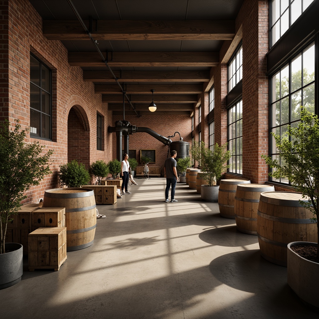 Prompt: Industrial chic winery interior, polished concrete floors, exposed brick walls, reclaimed wood accents, metal beams, modern minimalist decor, wine barrels, rustic wooden crates, vintage wine-making equipment, earthy color palette, soft warm lighting, shallow depth of field, 1/1 composition, realistic textures, ambient occlusion.