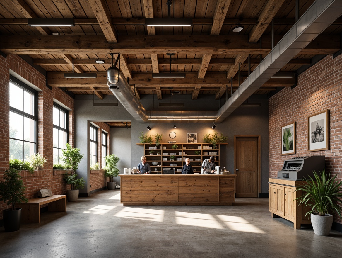 Prompt: Rustic bank interior, exposed beam ceiling, industrial chic, reclaimed wood accents, metal ductwork, concrete floors, urban loft atmosphere, minimalist decor, functional lighting, steel beams, brick walls, vintage banking equipment, distressed finishes, earthy color palette, natural textures, ambient occlusion, softbox lighting, 1/1 composition, realistic render.