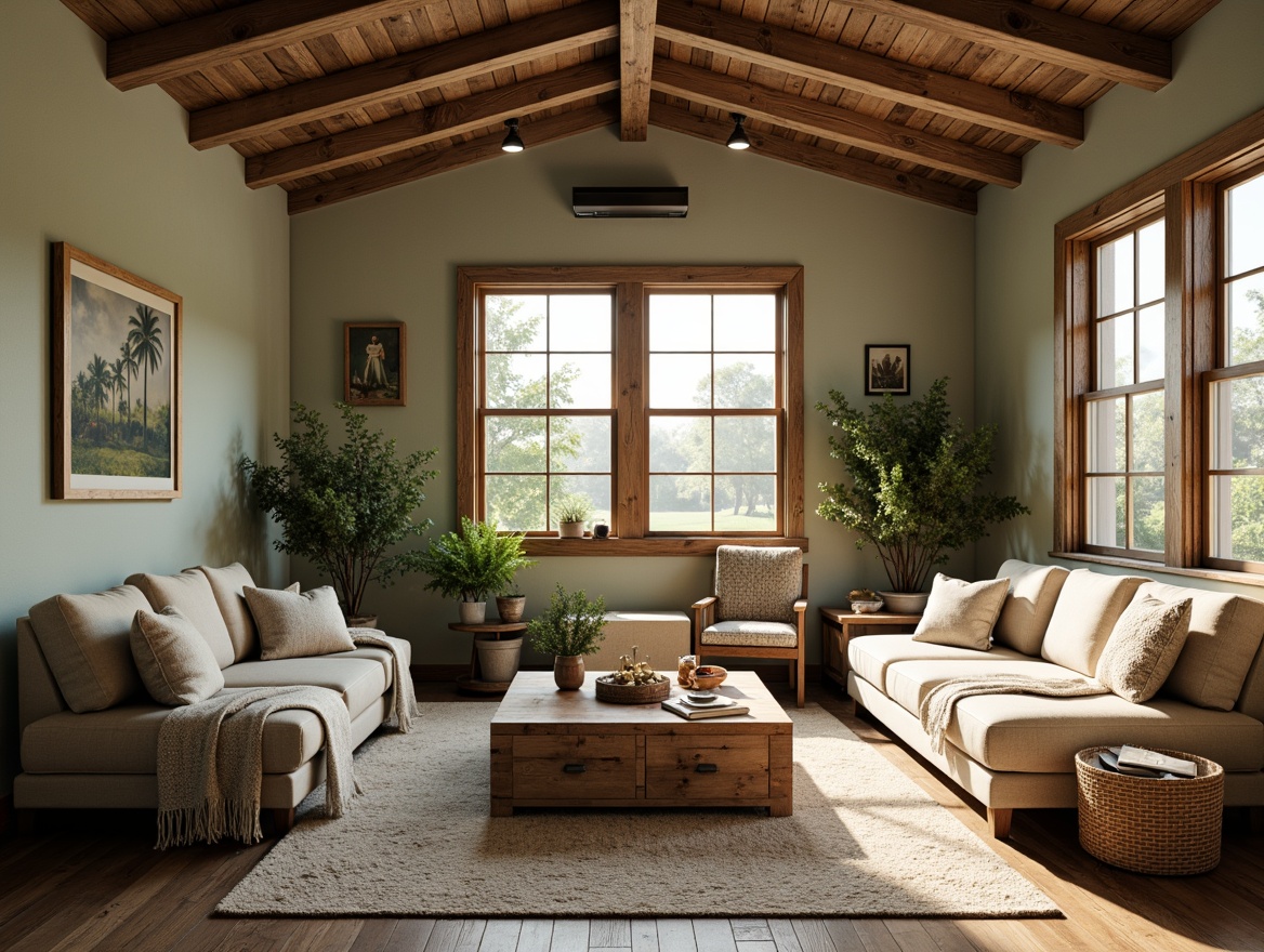 Prompt: Rustic farmhouse, vintage decor, natural wood accents, earthy tones, soft sage walls, warm beige furniture, distressed metal fixtures, reclaimed wooden beams, cozy throw blankets, plush area rugs, sunlit windows, greenery views, warm afternoon lighting, soft focus, 1/2 composition, inviting atmosphere, realistic textures, subtle color gradations.