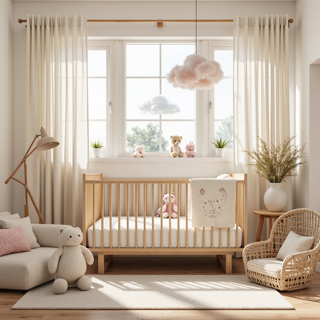 Prompt: Soft baby nursery, pastel colors, plush toys, delicate lace, gentle florals, creamy whites, warm beige, soothing fabrics, velvet textures, cable knit blankets, gentle lighting, floor lamps, wooden crib, natural wood tones, woven baskets, puffy clouds, whimsical illustrations, dreamy atmosphere, shallow depth of field, 1/1 composition, realistic materials, ambient occlusion.