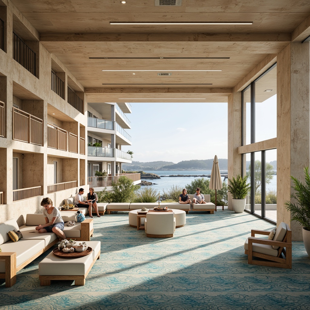 Prompt: Coastal-themed student halls, light-filled communal spaces, ocean-inspired color palette, natural wood accents, wavy patterns, beachy textures, driftwood furniture, nautical ropes, airy balconies, sea-breeze ventilation, modern minimalist decor, floor-to-ceiling windows, sliding glass doors, seaside views, soft warm lighting, shallow depth of field, 1/1 composition, symmetrical framing, realistic materials, ambient occlusion.