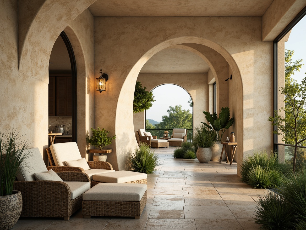 Prompt: Richly textured walls, earthy tones, warm beige, soft sage, muted turquoise, creamy whites, weathered wood accents, natural stone flooring, lush greenery, organic shapes, free-flowing curves, whimsical patterns, atmospheric lighting, warm golden hour, shallow depth of field, 1/2 composition, realistic textures, ambient occlusion.