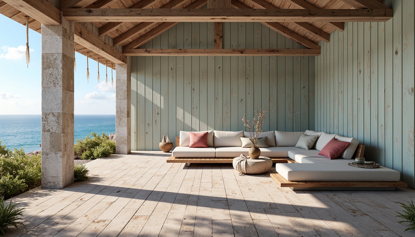 Prompt: Driftwood gray walls, weathered wooden planks, sea-salt scrubbed textures, ocean-inspired color palette, beachy vibe, shiplap accent walls, distressed finishes, natural stone accents, coral pink hues, seafoam green undertones, rough-hewn wood beams, reclaimed wooden features, nautical rope details, sunny day ambiance, soft warm lighting, shallow depth of field, 3/4 composition, panoramic view, realistic textures, ambient occlusion.