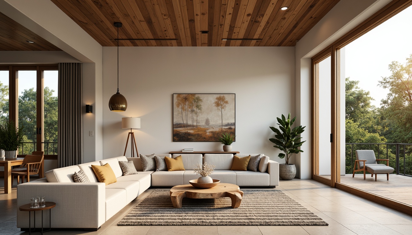 Prompt: Open-plan living space, mid-century modern style, minimalist decor, natural wood accents, large windows, sliding glass doors, abundant sunlight, comfortable sofas, geometric patterned rugs, pendant light fixtures, indoor plants, organic shaped coffee tables, abstract artwork, neutral color palette, earthy tones, warm atmosphere, shallow depth of field, 3/4 composition, realistic textures, ambient occlusion.