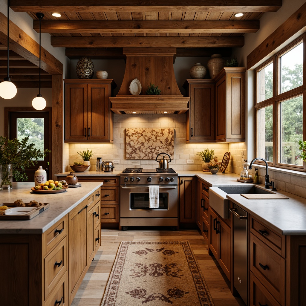 Prompt: Rustic kitchen, wooden cabinetry, earthy tones, natural textures, stone countertops, warm lighting, cozy atmosphere, traditional craftsmanship, ornate wood carvings, decorative trims, raised-panel doors, soft-close drawers, oil-rubbed bronze hardware, butcher-block island, farmhouse sink, pendant lighting, reclaimed wood accents, vintage appliances, earth-toned ceramics, natural fiber rugs, 3/4 composition, shallow depth of field, warm color palette.