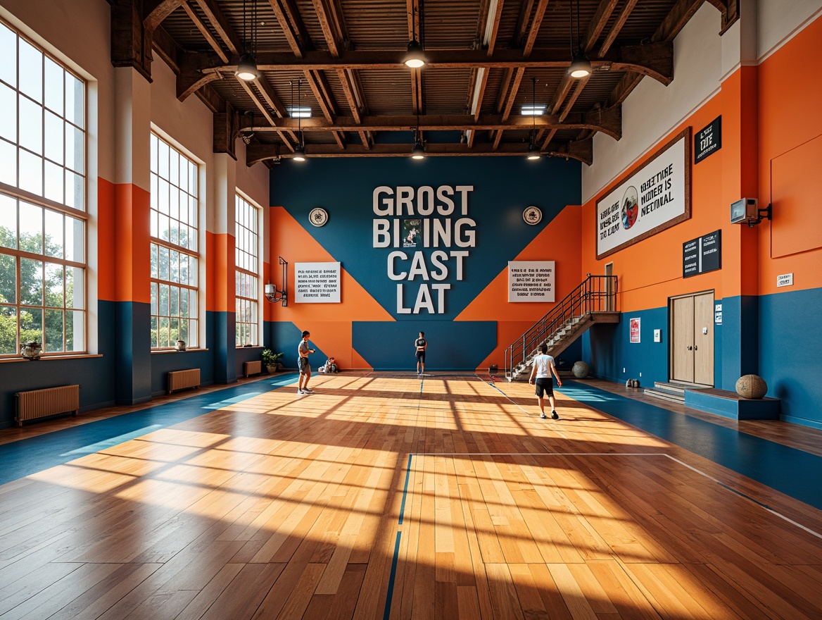 Prompt: Vibrant gymnasium interior, bold athletic colors, energetic ambiance, wooden flooring, metal beams, modern sports equipment, motivational quotes, natural light pouring in, large windows, open spaces, dynamic shadows, high-contrast lighting, 1/2 composition, shallow depth of field, realistic textures, ambient occlusion, warm color tone, orange accents, deep blue undertones, neutral beige backgrounds, bold typography, geometric patterns.