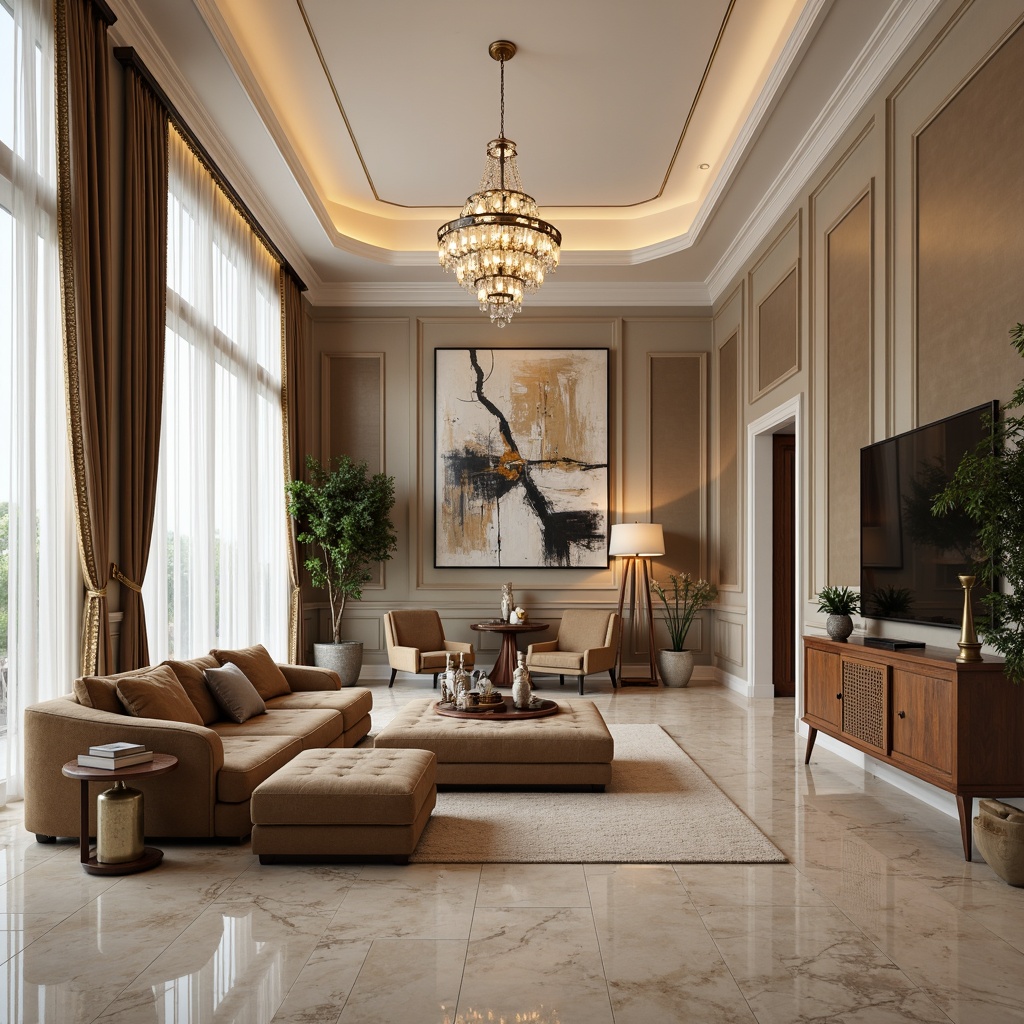 Prompt: Luxurious living room, high ceilings, grand chandeliers, ornate moldings, polished marble floors, velvet sofas, tufted ottomans, metallic accents, abstract artwork, floor-to-ceiling windows, sheer curtains, natural light pouring in, warm beige tones, subtle texture contrasts, elegant furniture legs, refined cabinet designs, sophisticated color palette, atmospheric ambient lighting, shallow depth of field, 1/2 composition, soft focus effect, realistic material reflections.