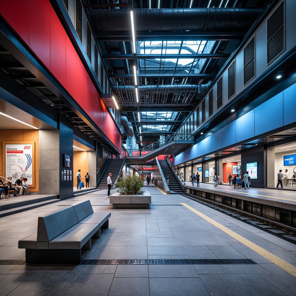 Prompt: Modern metro station interior, sleek stainless steel benches, bold geometric patterns, vibrant LED lighting, polished concrete floors, minimalist information displays, futuristic ticketing systems, comfortable waiting areas, ergonomic seating arrangements, urban chic decorative accents, industrial-style metal beams, exposed ductwork, dynamic color schemes, high-contrast visual graphics, atmospheric misting systems, spacious open concourses, grand central atriums, flowing staircases, panoramic platform views, realistic metallic textures, shallow depth of field, 3/4 composition.