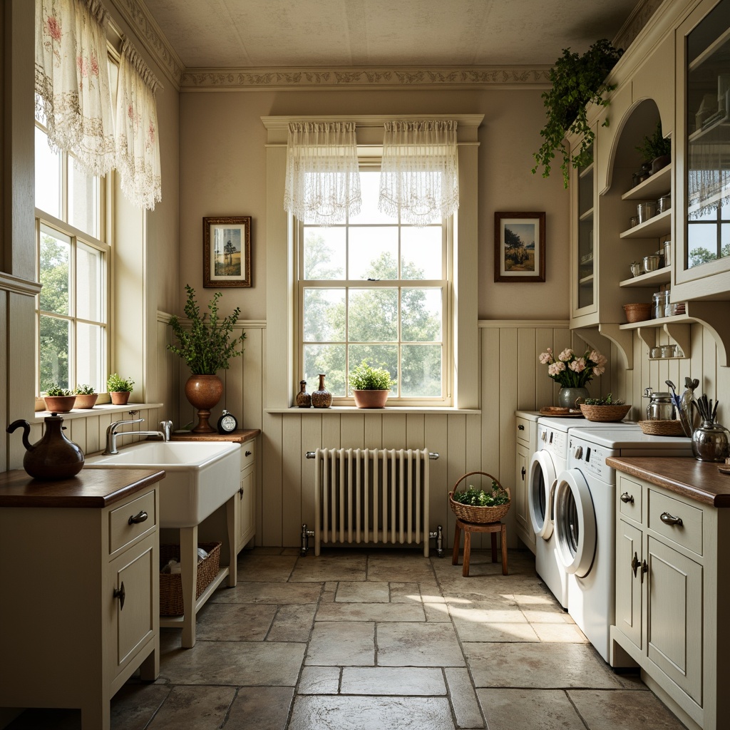 Prompt: Vintage laundry room, distressed wood accents, soft pastel colors, lace curtains, floral patterns, ruffled fabrics, worn stone floors, antique washing machines, ornate metal details, delicate china cabinets, rustic wooden shelves, creamy whites, warm beige tones, natural light pouring in, soft focus, shallow depth of field, 1/1 composition, romantic atmosphere, realistic textures.