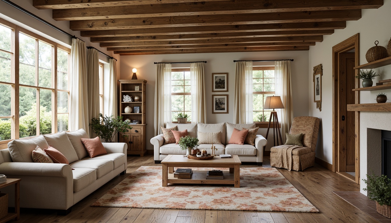 Prompt: Rustic wooden furniture, distressed finishes, soft plush carpets, vintage floral patterns, pastel color palette, lace curtains, velvet pillows, linen fabrics, natural fibers, woven baskets, antique decorative items, warm candlelight, cozy reading nooks, intimate seating areas, nature-inspired accents, earthy tones, organic textures, subtle sheen, relaxed atmosphere, serene ambiance.