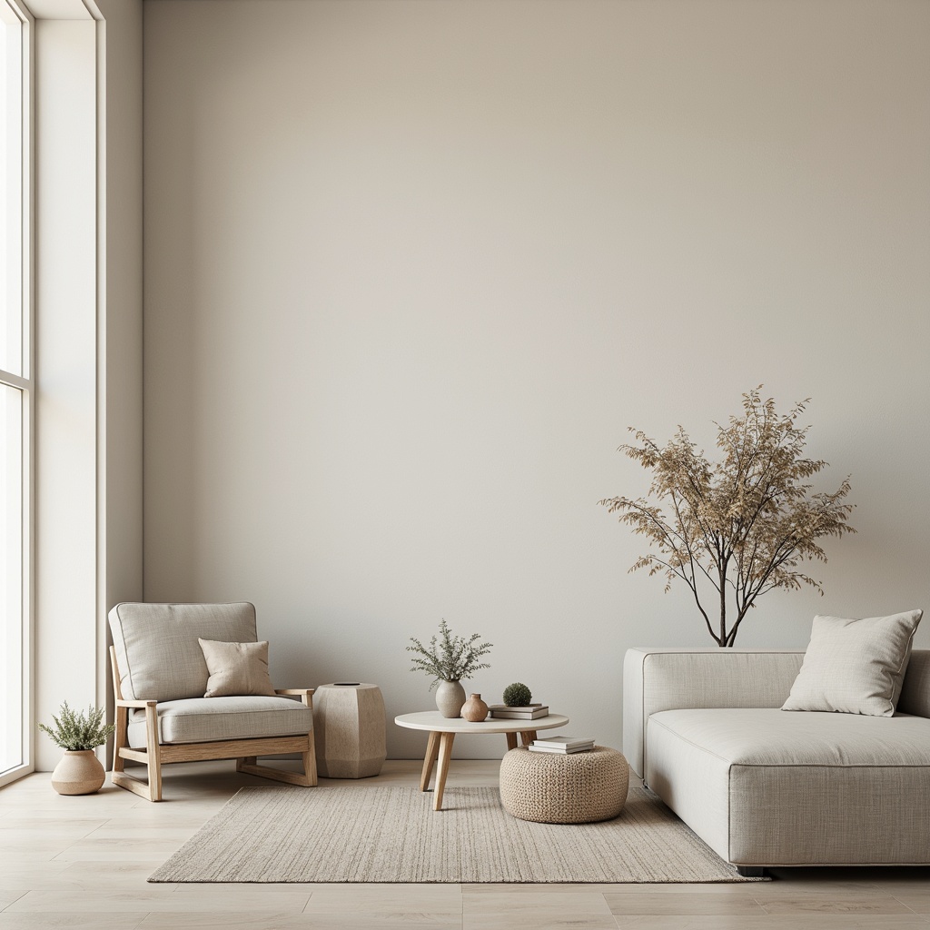 Prompt: Monochromatic interior, creamy whites, soft grays, warm beiges, natural textures, minimalist decor, clean lines, simple shapes, empty spaces, subtle contrasts, calm atmosphere, soft indirect lighting, gentle shadows, 1/1 composition, shallow depth of field, realistic rendering.