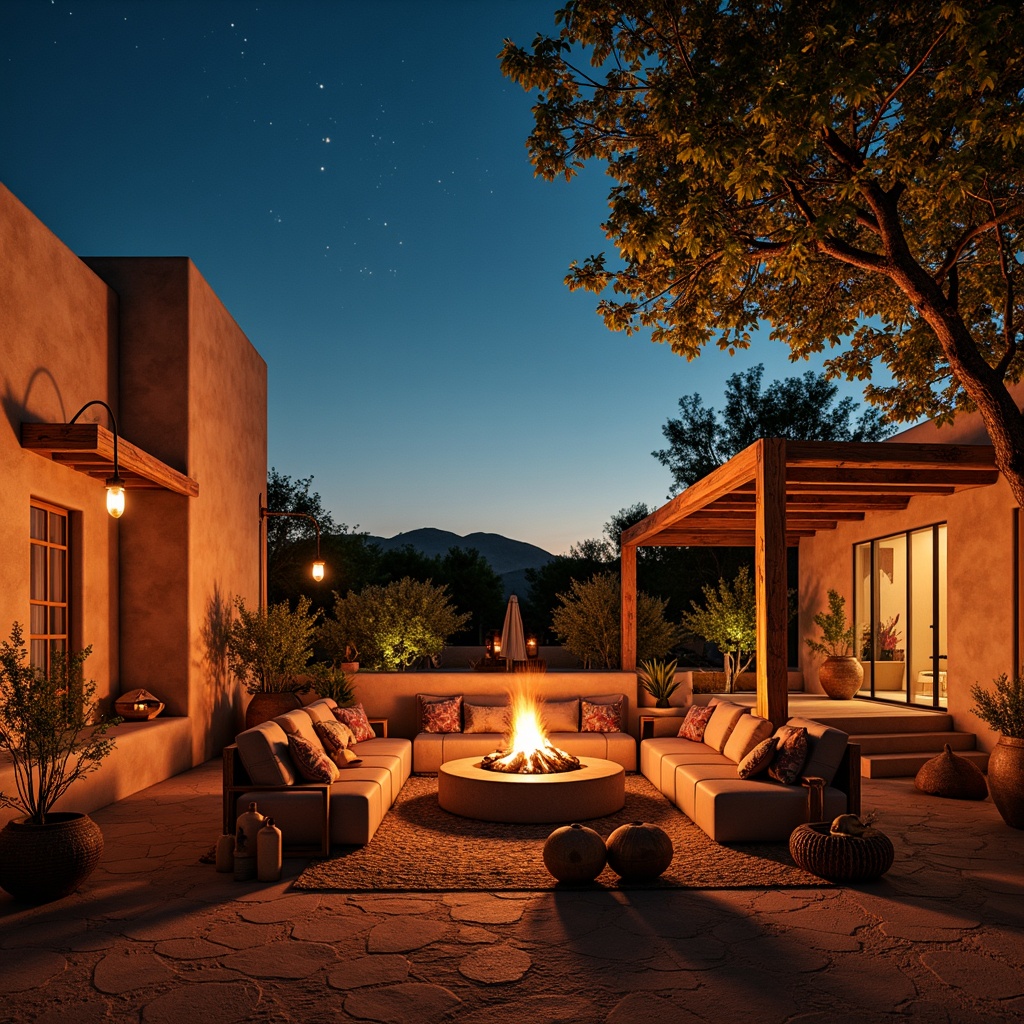 Prompt: Warm desert ambiance, rustic wooden accents, earthy terracotta tones, vibrant turquoise hues, soft warm lighting, lantern-style fixtures, candles, pendant lamps, natural textiles, woven baskets, rattan furniture, reclaimed wood, adobe-inspired architecture, arid landscape views, cacti silhouettes, starry night sky, moonlight illumination, cozy fire pit gatherings, warm beige stone walls, rustic metal decor, ambient shadows, high contrast lighting, dramatic sunset colors.