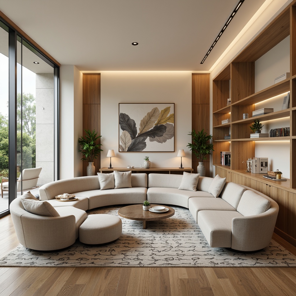 Prompt: Curved minimalist sofas, low-profile armchairs, metallic coffee tables, geometric-patterned rugs, floor-to-ceiling windows, natural wood accents, polished chrome legs, sleek glass shelves, built-in ambient lighting, cream-colored walls, modern abstract art, potted plants, subtle textile patterns, indirect warm lighting, shallow depth of field, 1/1 composition, realistic reflections, soft focus, atmospheric rendering.