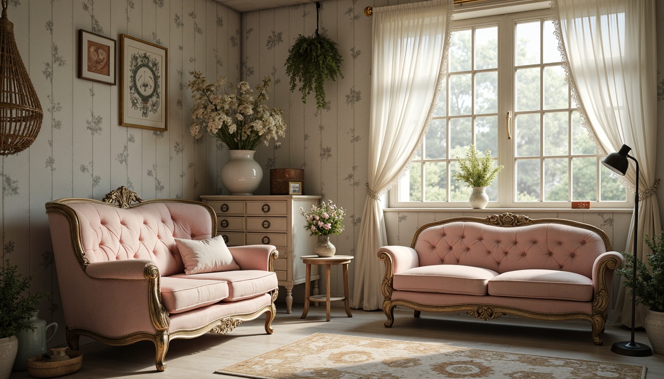 Prompt: Distressed vintage furniture, soft pastel hues, worn velvet fabrics, ornate antique decorations, delicate lace trims, distressed wood textures, faded floral patterns, warm candlelight ambiance, subtle shimmer effects, gentle misty atmosphere, 1/1 composition, romantic warm lighting, dreamy ethereal mood, French country-inspired accents, muted rose tones, creamy whites, pale blues, mossy greens.