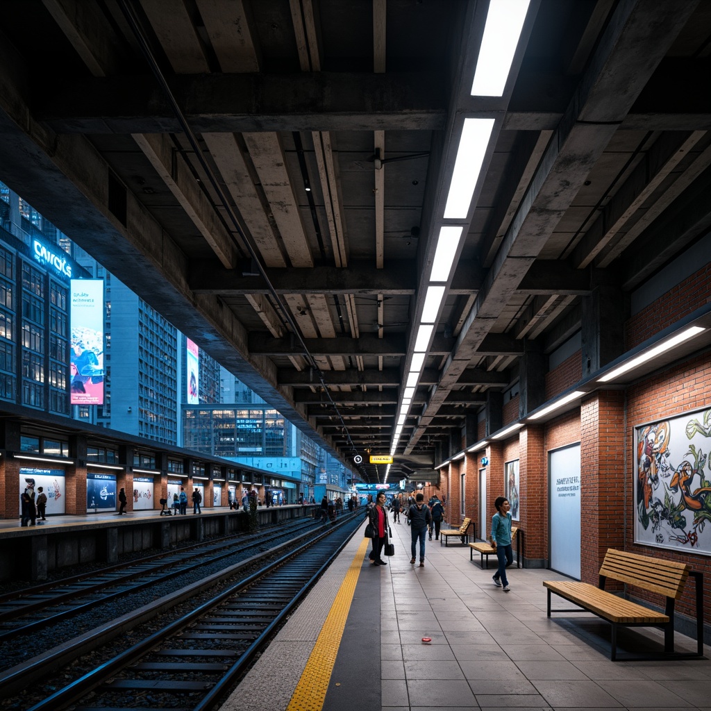 Prompt: Industrial metro station, exposed brick walls, metal beams, urban cityscape, busy commuters, sleek modern lighting fixtures, LED strips, neon signs, glowing advertisements, futuristic ambiance, high ceilings, concrete floors, stainless steel handrails, minimalist benches, urban graffiti, dynamic color changing lights, dramatic spotlights, soft warm glow, 1/1 composition, shallow depth of field, realistic textures, ambient occlusion.