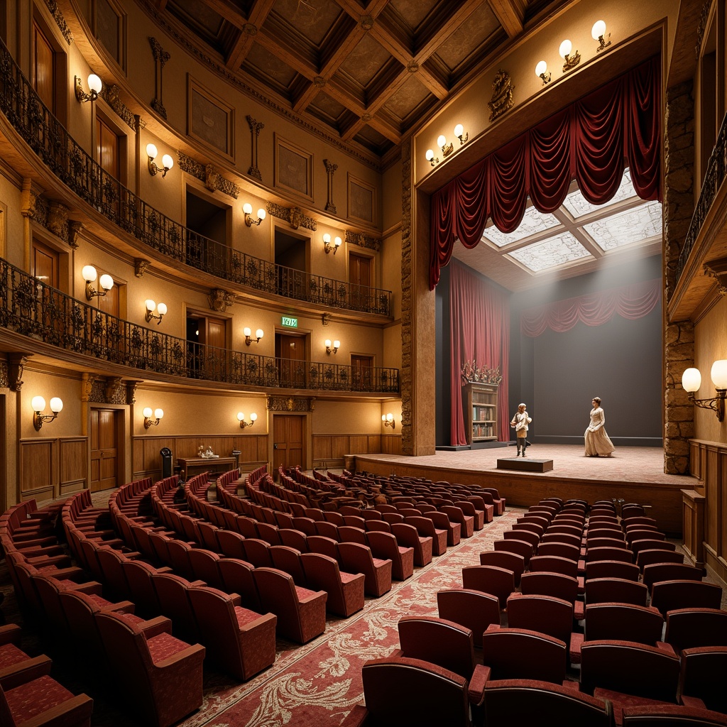 Prompt: Rustic wooden auditorium, vintage French country style, ornate carvings, soft golden lighting, plush velvet seats, curved rows, intimate stage setting, decorative metal railings, distressed stone walls, richly patterned carpets, elegant drapery, warm beige tones, classic wooden paneling, subtle scent of old books, soft focused spotlighting, 1/2 composition, shallow depth of field, realistic textures, ambient occlusion.