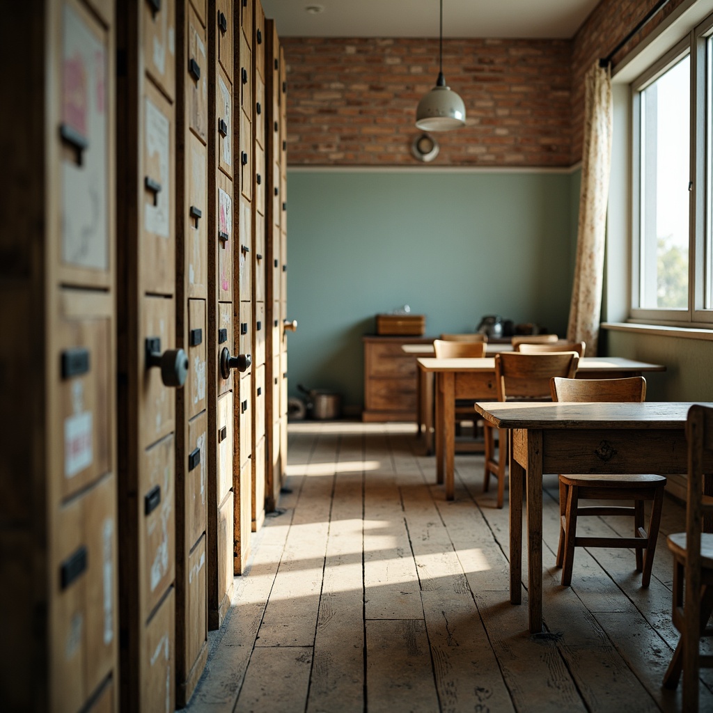 Prompt: Distressed wooden lockers, ornate metal hardware, rustic school chairs, vintage desks, soft pastel colors, floral patterns, lace curtains, distressed brick walls, natural wood floors, warm cozy lighting, shallow depth of field, 1/1 composition, intimate close-up shots, realistic textures, ambient occlusion.