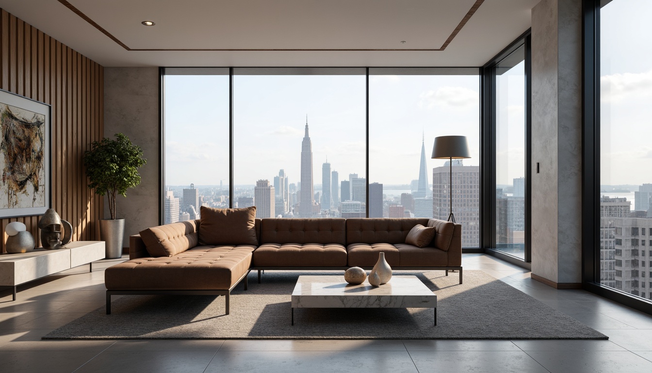 Prompt: Sleek living room, minimalist decor, low-profile sofa, tufted velvet upholstery, chrome legs, geometric coffee table, marble top, floor-to-ceiling windows, city skyline view, modern art pieces, abstract sculptures, LED floor lamps, soft ambient lighting, 1/1 composition, realistic reflections, detailed textures.