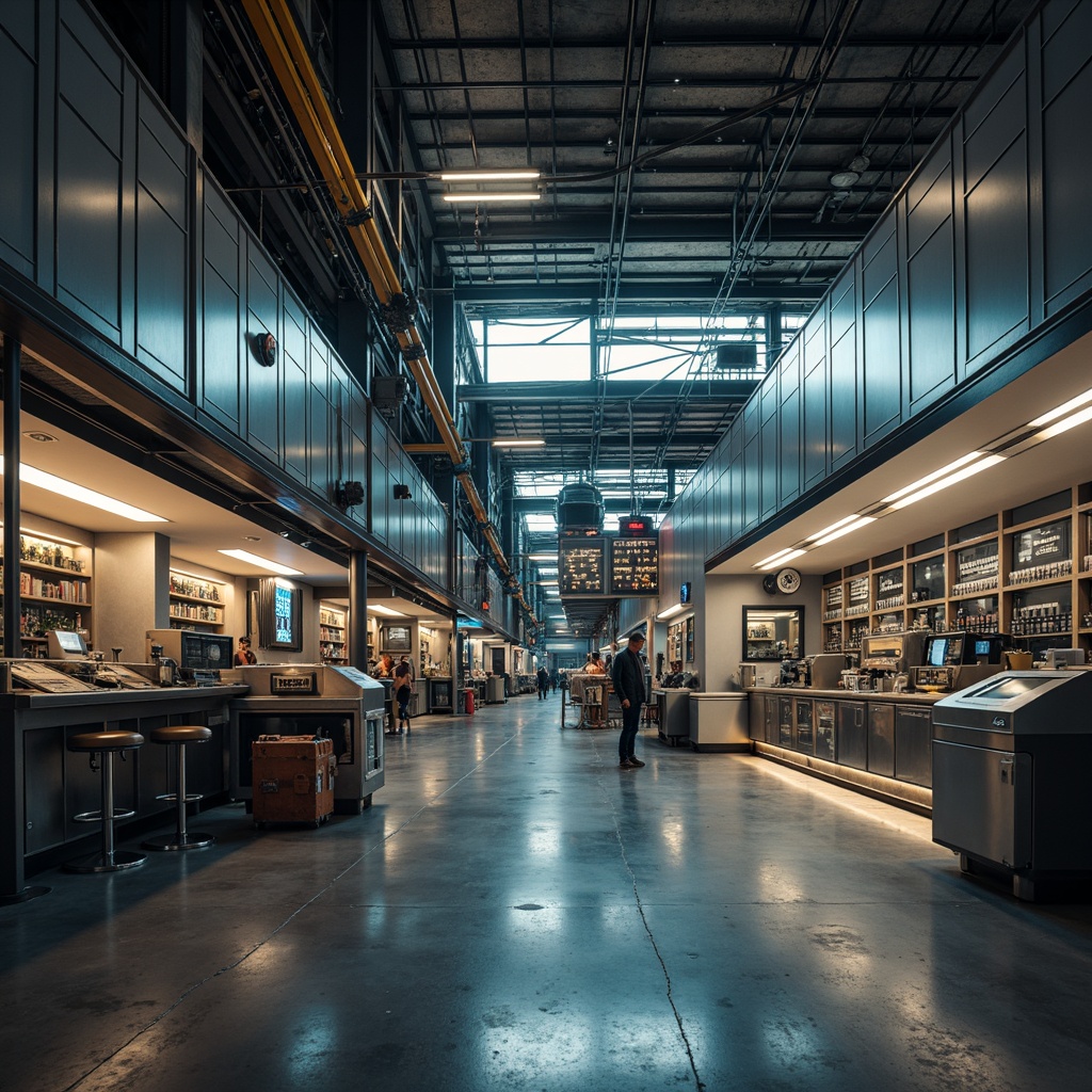 Prompt: Industrial factory setting, metallic finishes, polished aluminum walls, steel beams, exposed ductwork, futuristic machinery, neon-lit control panels, cyberpunk-inspired decor, high-gloss flooring, reflective surfaces, minimalist chic, urban aesthetic, brutalist architecture, overhead crane systems, industrial-style lighting, warm color temperatures, shallow depth of field, 1/1 composition, dramatic shadows, realistic metallic textures, ambient occlusion.