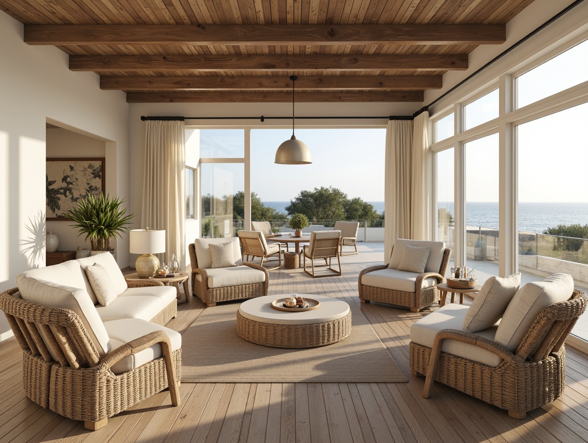 Prompt: Coastal living room, soft ocean breeze, calming beachy atmosphere, natural wood accents, driftwood furniture, woven sea grass textiles, creamy white walls, rustic wooden beams, large windows, sliding glass doors, sunny day, warm soft lighting, layered lighting effects, table lamps, floor lamps, string lights, pendant lights, nautical-themed decor, shells, coral, starfish, ocean-inspired artwork, beachy color palette, calming blue hues, sandy neutrals, crisp white trim, minimal ornamentation, airy feel, shallow depth of field, 3/4 composition, realistic textures, ambient occlusion.