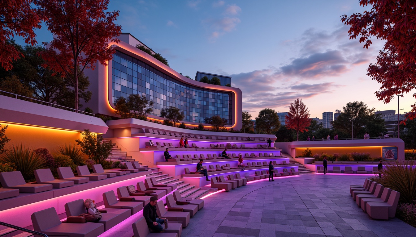 Prompt: Vibrant amphitheater, tiered seating arrangement, expressionist architecture, bold curved lines, geometric patterns, bright color accents, futuristic LED lighting, sleek metal railings, minimalist benches, ergonomic chair design, open-air atmosphere, sunset warm glow, dramatic shadows, 1/1 composition, shallow depth of field, realistic textures, ambient occlusion.