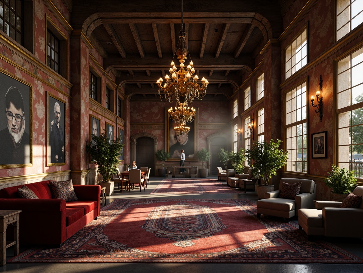 Prompt: Luxurious factory interior, ornate Baroque details, rich velvet fabrics, lavish gold accents, distressed industrial textures, warm candlelight, moody atmospheric shadows, bold statement walls, deep jewel-toned colors, intricate patterned rugs, opulent chandeliers, rustic wooden beams, soft warm lighting, 1/1 composition, cinematic mood, realistic reflections, ambient occlusion.