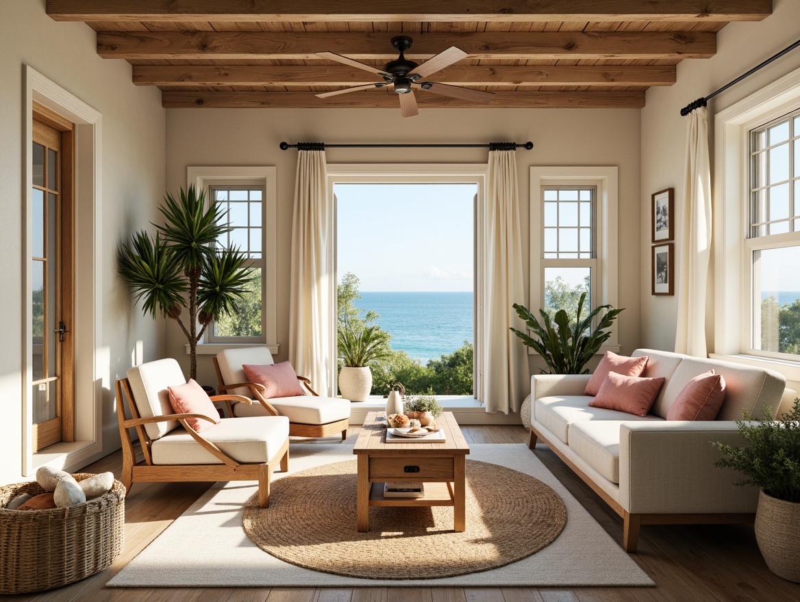 Prompt: Calming coastal cottage, weathered wooden accents, soft sandy beige walls, distressed driftwood furniture, crisp white trim, sea-glass blue-green hues, coral pink shells, natural linen fabrics, woven jute rugs, vintage nautical decor, potted palm trees, sunny ocean views, warm golden lighting, shallow depth of field, 1/2 composition, soft focus, realistic textures.