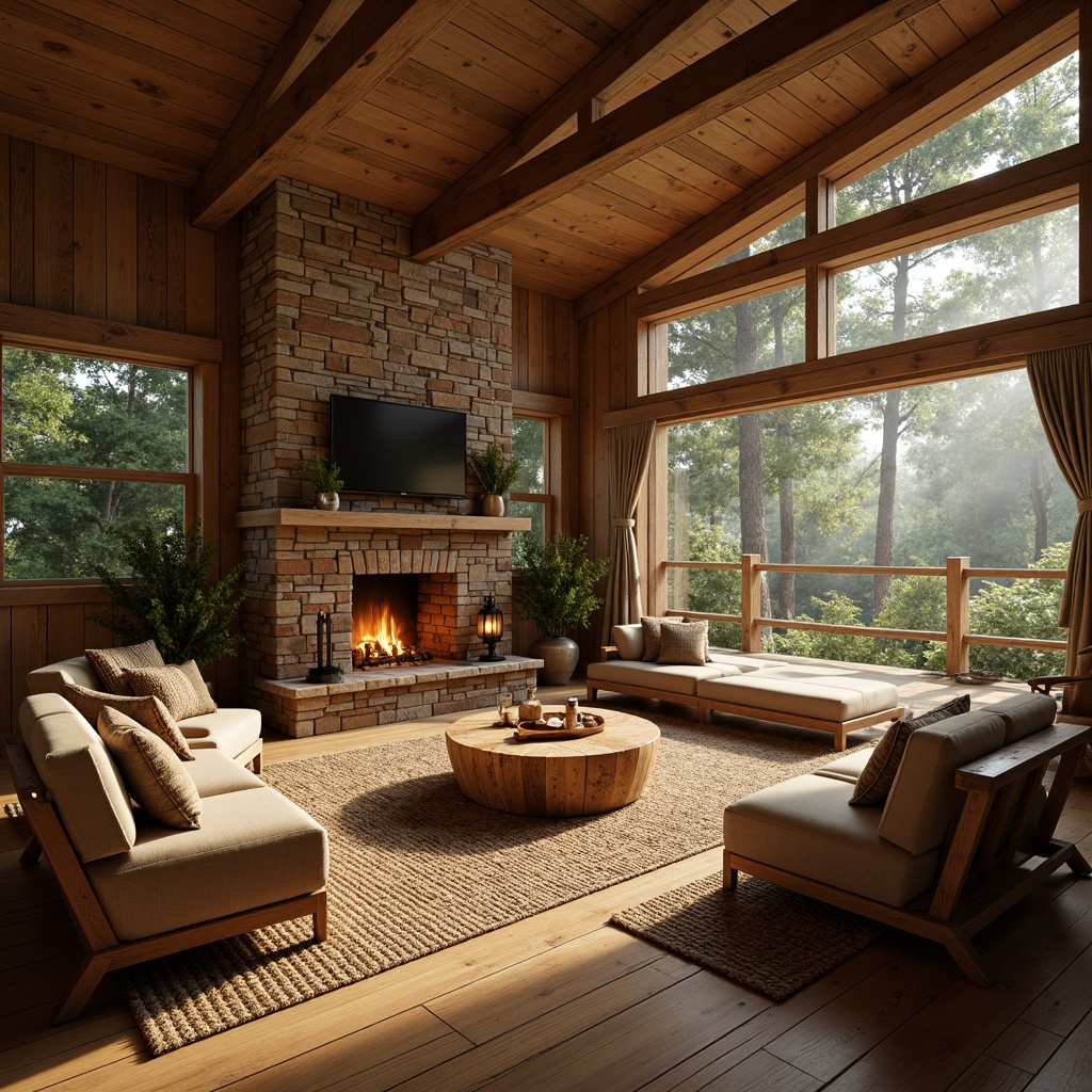 Prompt: Earthy cabin, wooden accents, natural stone walls, warm beige floors, cozy fireplace, plush furnishings, soft golden lighting, comfortable seating areas, woven textiles, organic patterns, earthy color palette, rustic decorations, nature-inspired artwork, serene forest surroundings, misty morning atmosphere, shallow depth of field, 1/1 composition, realistic textures, ambient occlusion.