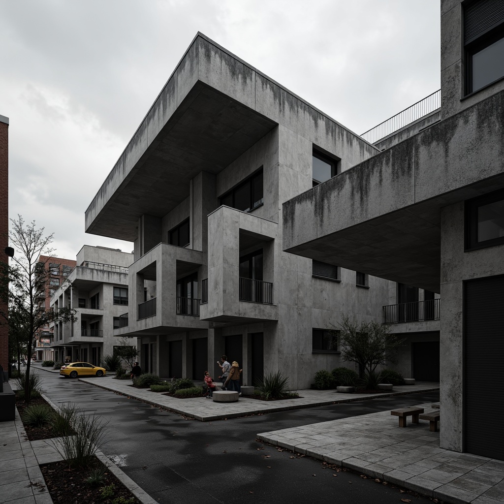 Prompt: Monochromatic brutalist architecture, plum-hued concrete walls, rugged textures, industrial metal accents, minimalist decor, urban cityscape, overcast sky, dramatic shadows, low-key lighting, 1-point perspective composition, realistic material rendering, ambient occlusion, detailed normal maps.