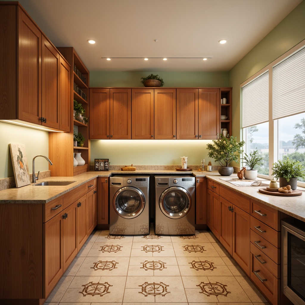 Prompt: Retro-style laundry room, warm wooden cabinets, sleek metal appliances, vintage-inspired washing machines, dryers with rounded edges, pastel-colored walls, geometric patterned floor tiles, natural stone countertops, minimalist decorative lighting, soft warm glow, shallow depth of field, 1/1 composition, panoramic view, realistic textures, ambient occlusion.