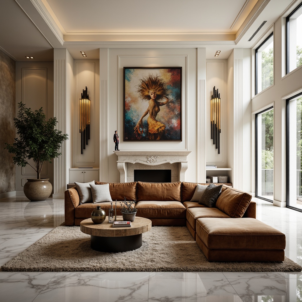 Prompt: Elegant living room, luxurious velvet sofa, ornate wooden coffee table, statement lighting fixtures, abstract artwork, metallic vases, marble flooring, creamy white walls, plush area rugs, natural stone fireplace, floor-to-ceiling windows, soft diffused lighting, shallow depth of field, 2/3 composition, atmospheric perspective, realistic reflections.