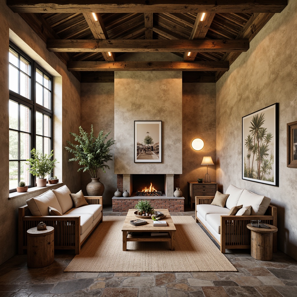 Prompt: Rustic loft interior, earthy tone color palette, warm beige walls, distressed wood accents, vintage industrial decor, metal beams, wooden crates, antique furniture pieces, soft warm lighting, natural textures, rough-hewn stone floors, reclaimed wood planks, exposed brick walls, neutral-toned upholstery, comfortable seating areas, cozy reading nooks, eclectic art pieces, 1/2 composition, shallow depth of field, realistic render.