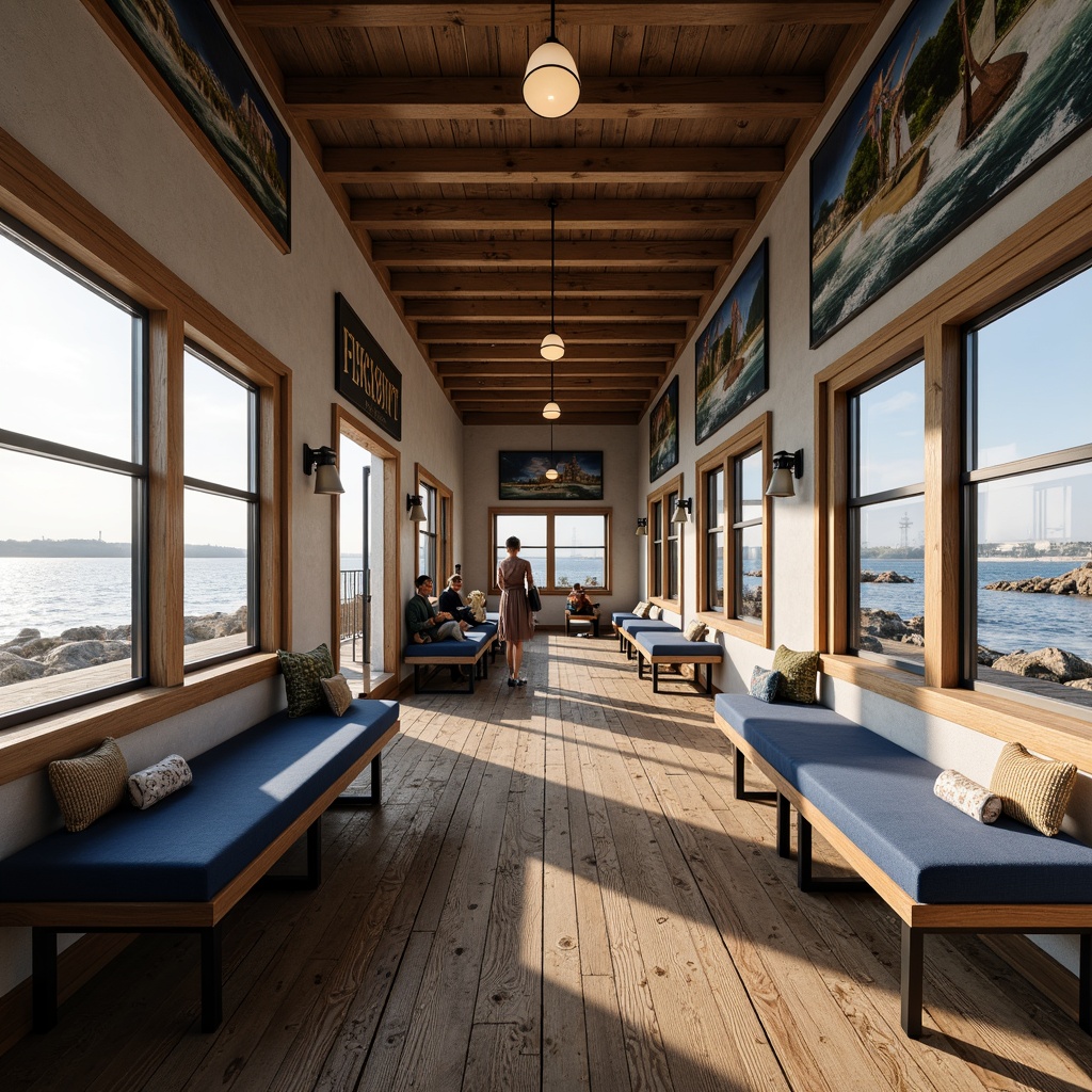 Prompt: Coastal-themed train station, nautical decor, wooden benches, navy blue cushions, rustic metal frames, driftwood accents, ocean-inspired artwork, large windows, natural light, seaside views, salty air, gentle sea breeze, soft warm lighting, shallow depth of field, 1/2 composition, horizontal framing, realistic textures, ambient occlusion.