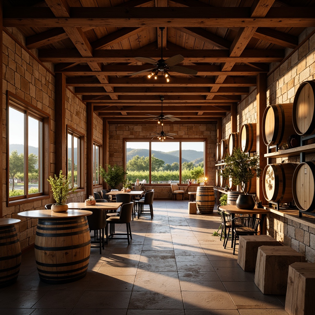 Prompt: Rustic winery, warm earthy tones, exposed wooden beams, stone walls, vintage wine barrels, dimmable pendant lights, soft warm glow, cozy ambiance, layered lighting, accent spotlights, natural textures, reclaimed wood accents, industrial metal fixtures, rich color palette, intimate seating areas, warm candlelight, dramatic ceiling heights, expansive windows, scenic vineyard views, sunny afternoon light, gentle shadows, 1/1 composition, realistic reflections, ambient occlusion.