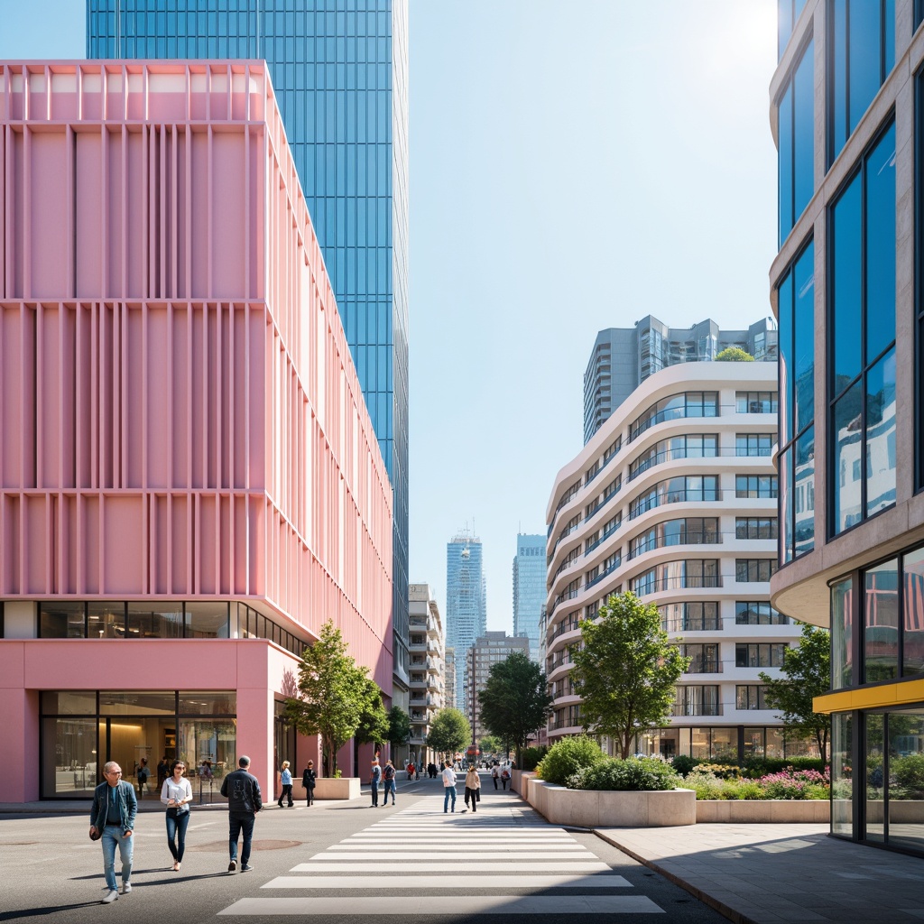 Prompt: Vibrant modern architecture, sleek glass buildings, minimalist design, pastel color scheme, soft pink hues, calming blue tones, creamy white accents, bold yellow highlights, natural stone textures, urban cityscape, sunny day, warm ambient lighting, shallow depth of field, 3/4 composition, panoramic view, realistic reflections.