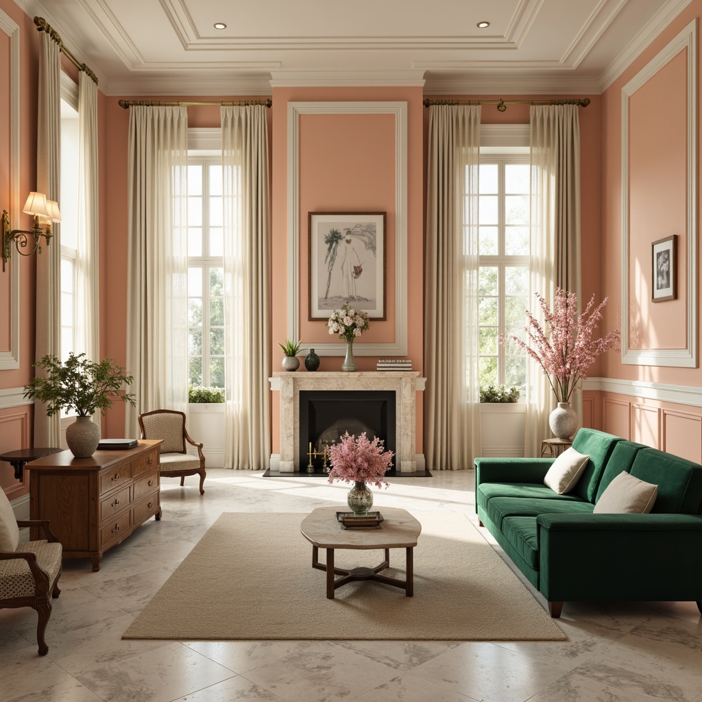 Prompt: Soft peach walls, creamy white trim, rich walnut wood accents, plush emerald green velvet furniture, metallic gold lighting fixtures, warm beige marble floors, delicate ivory lace curtains, pastel pink flowers, natural linen upholstery, subtle mint green highlights, gentle cream-colored ceiling, soft box lighting, 1/2 composition, realistic textures, ambient occlusion.