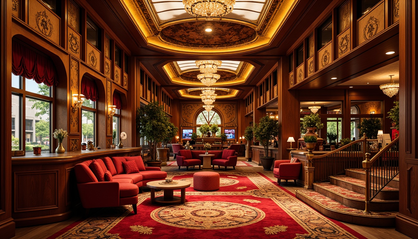 Prompt: Luxurious casino interior, ornate wooden panels, intricately carved furniture, curved lines, flowing organic forms, vibrant red and gold accents, rich velvet fabrics, crystal chandeliers, grandiose staircases, opulent rugs, antique bronze fixtures, lavish decorations, warm golden lighting, dramatic shadows, 1/1 composition, symmetrical framing, ornate mirrors, gilded moldings, elaborate carvings, exotic patterns, intricate inlays.