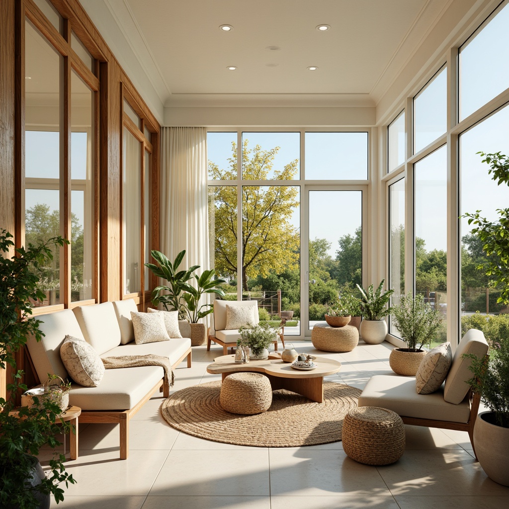 Prompt: Bright sunroom, warm natural light, soft pastel colors, calming atmosphere, creamy whites, pale yellows, sky blues, lush greenery, blooming flowers, wooden accents, rattan furniture, natural textiles, woven baskets, earthy tones, cozy throw blankets, plush cushions, comfortable seating areas, panoramic views, sliding glass doors, modern minimalist design, airy feel, soft warm lighting, shallow depth of field, 3/4 composition.