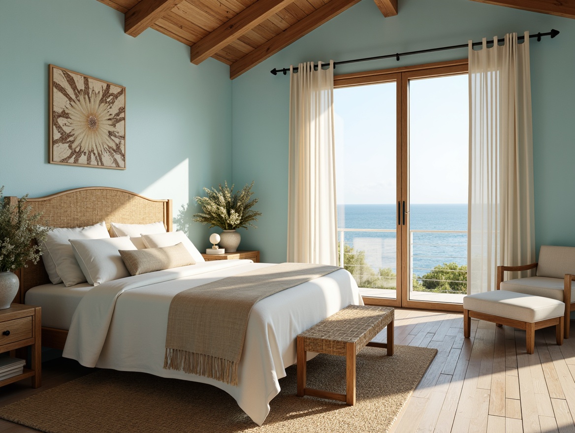 Prompt: Soft blue walls, calming ocean views, natural wood furniture, woven sea grass patterns, driftwood accents, coral-inspired decorative accessories, creamy white bedding, ocean breeze-inspired sheer curtains, weathered wooden flooring, serene beachy atmosphere, warm golden lighting, subtle texture overlays, shallow depth of field, 1/1 composition, realistic renderings, ambient occlusion.