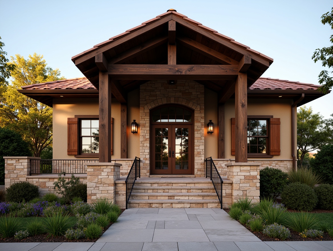 Prompt: Rustic courthouse, Craftsman-style facade, exposed beams, wooden trusses, earthy color palette, natural stone walls, ornate metalwork, lantern-style lighting, clay-tiled roof, overhanging eaves, decorative trims, wooden shutters, multi-paned windows, inviting entrance, symmetrical composition, warm afternoon light, soft shadows, shallow depth of field, realistic textures, ambient occlusion.