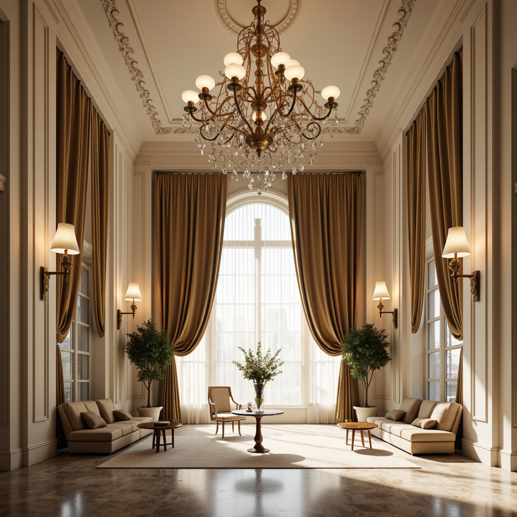 Prompt: Grand chandelier, ornate sconces, soft warm glow, creamy whites, rich gold accents, luxurious fabrics, velvet drapes, intricate molding, high ceilings, marble floors, crystal prisms, symmetrical composition, dramatic spotlighting, subtle shadows, 1/1 aspect ratio, realistic textures, ambient occlusion, classical architectural details, refined elegance, sophisticated ambiance.