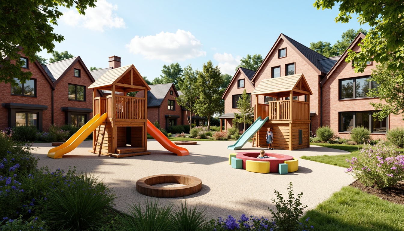 Prompt: Cozy kindergarten playground, wooden play structures, vibrant colorful slides, rope climbing frames, sensory play areas, sandpits, water tables, educational signage, traditional brick buildings, steeply pitched roofs, ornate facades, lush greenery, blooming flowers, sunny day, soft warm lighting, shallow depth of field, 3/4 composition, panoramic view, realistic textures, ambient occlusion.Please let me know if this meets your expectations!