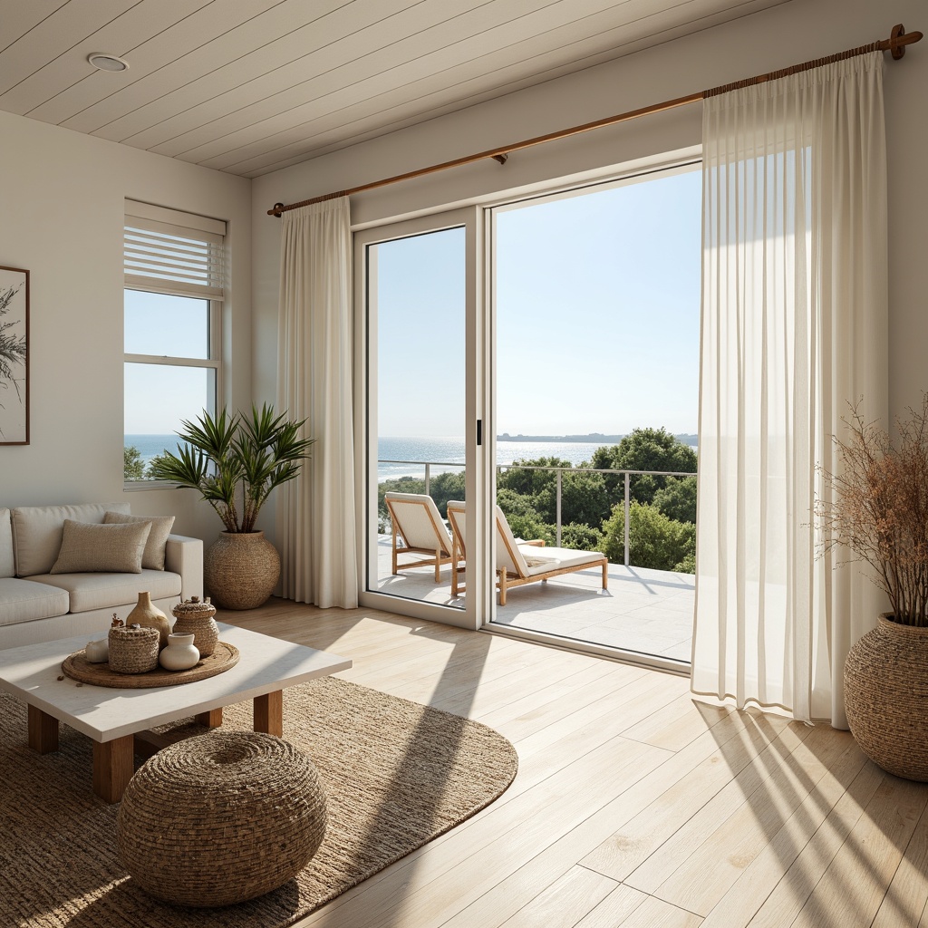 Prompt: Coastal style villa, large windows, sliding glass doors, ocean views, bright airy interiors, creamy white walls, light wood floors, minimal decor, beach-inspired accents, natural textiles, woven sea grass baskets, driftwood decorations, soft billowy curtains, sheer fabrics, warm sunny day, gentle ocean breeze, shallow depth of field, 1/1 composition, high-key lighting, realistic reflections, ambient occlusion.