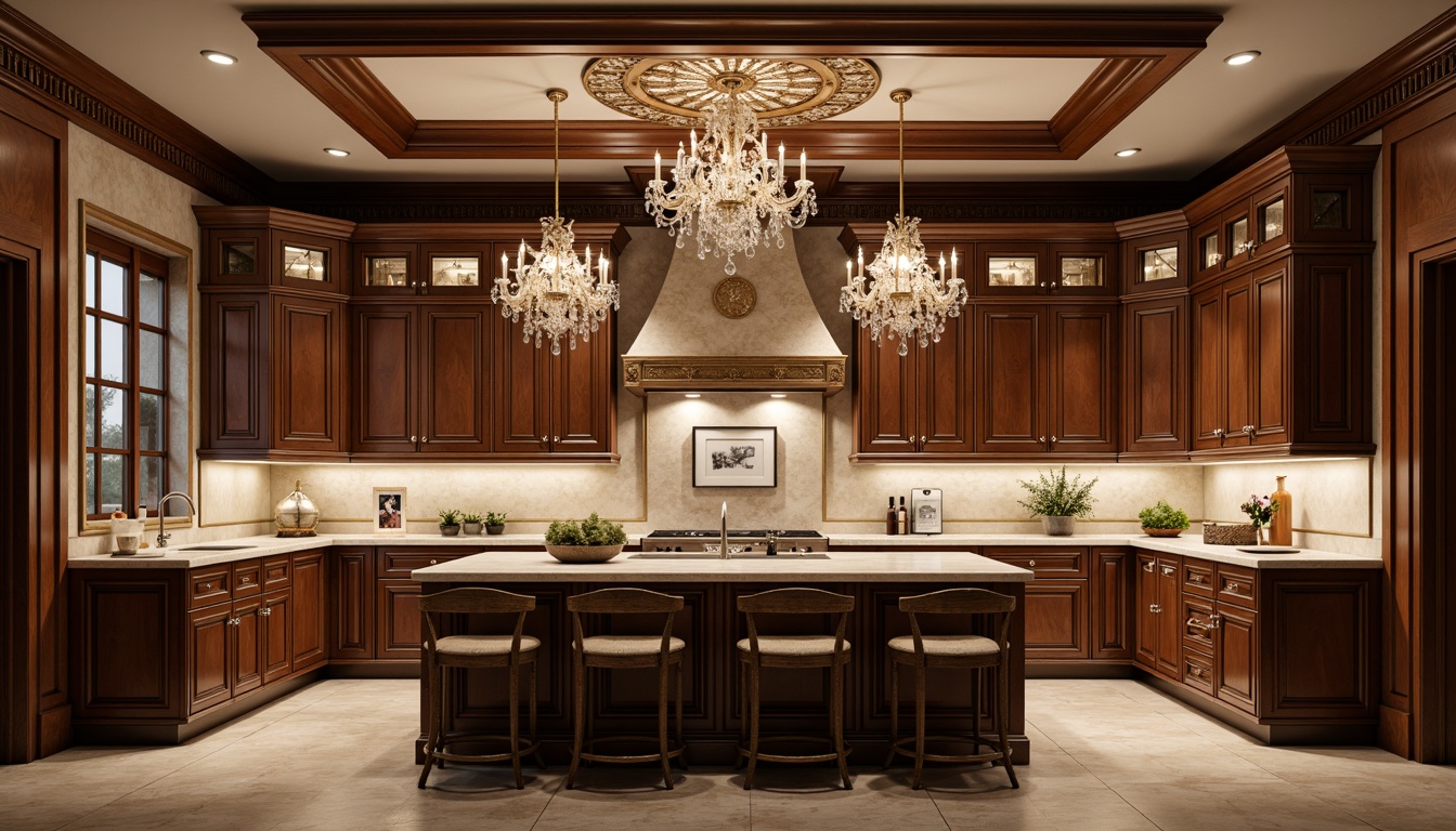 Prompt: Luxurious kitchen interior, rich wood cabinetry, ornate carvings, intricate moldings, crystal chandeliers, marble countertops, polished metal fixtures, soft warm lighting, shallow depth of field, 3/4 composition, realistic textures, ambient occlusion.