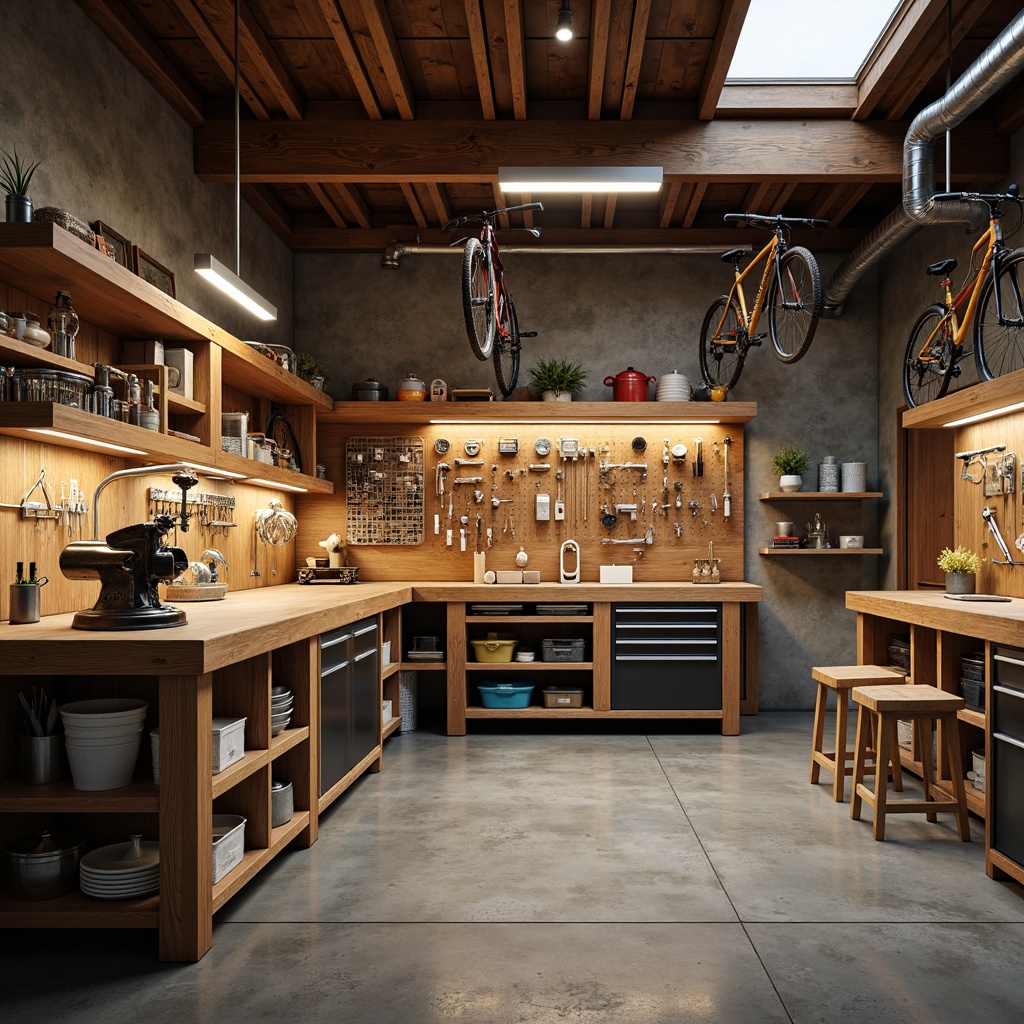 Prompt: Well-lit garage, wooden workbench, metal vice, tool organizers, storage cabinets, pegboards, hanging bicycles, concrete floors, industrial lighting, rustic decorative accents, functional shelving units, ergonomic stools, natural wood tones, warm color scheme, shallow depth of field, 1/1 composition, realistic textures, ambient occlusion.