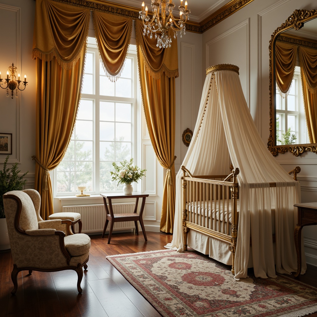 Prompt: Ornate crib, golden accents, velvet drapes, plush area rug, intricately carved wooden furniture, ornamental mirrors, lavish chandeliers, soft cream colors, richly patterned fabrics, delicate lace trim, antique-inspired decor, gentle warm lighting, shallow depth of field, 1/1 composition, romantic atmosphere, elegant curved lines, luxurious textures, subtle ambient occlusion.